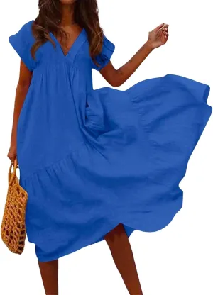 Cotton Linen Dresses for Women 2025 Summer Short Sleeve Midi Beach Dress A Line Flowy Dresses Shirt Dress with Pocket
