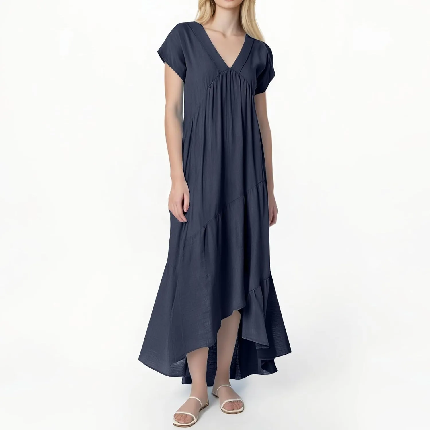 Cotton Linen Dresses for Women 2025 Summer Short Sleeve Midi Beach Dress A Line Flowy Dresses Shirt Dress with Pocket