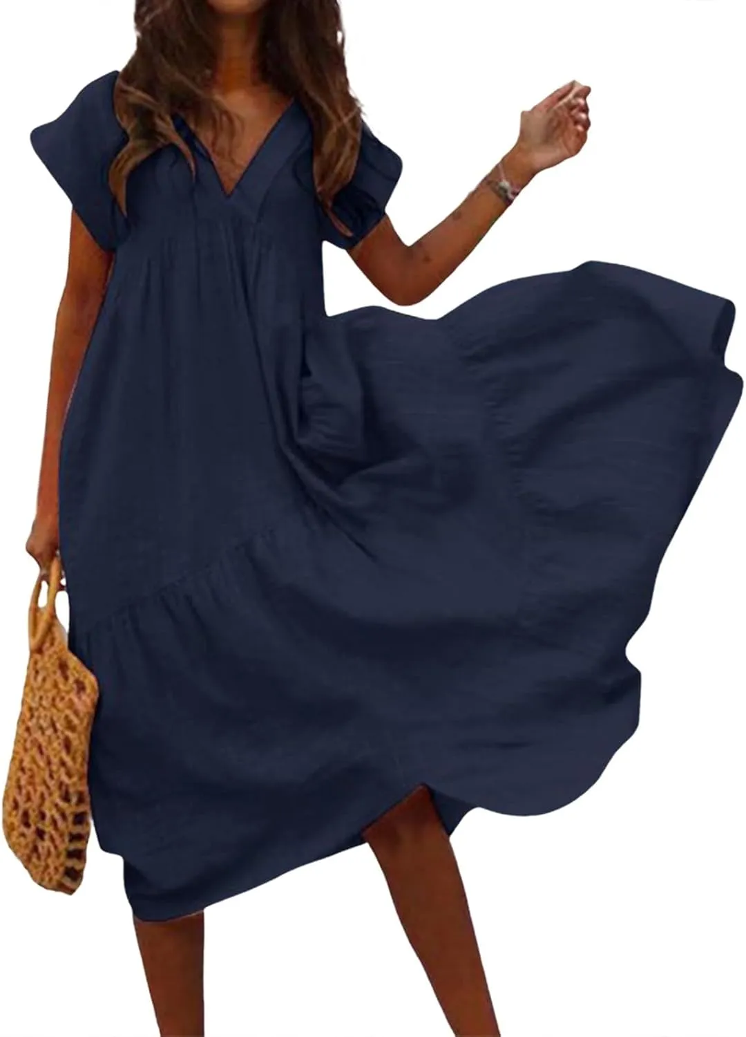 Cotton Linen Dresses for Women 2025 Summer Short Sleeve Midi Beach Dress A Line Flowy Dresses Shirt Dress with Pocket