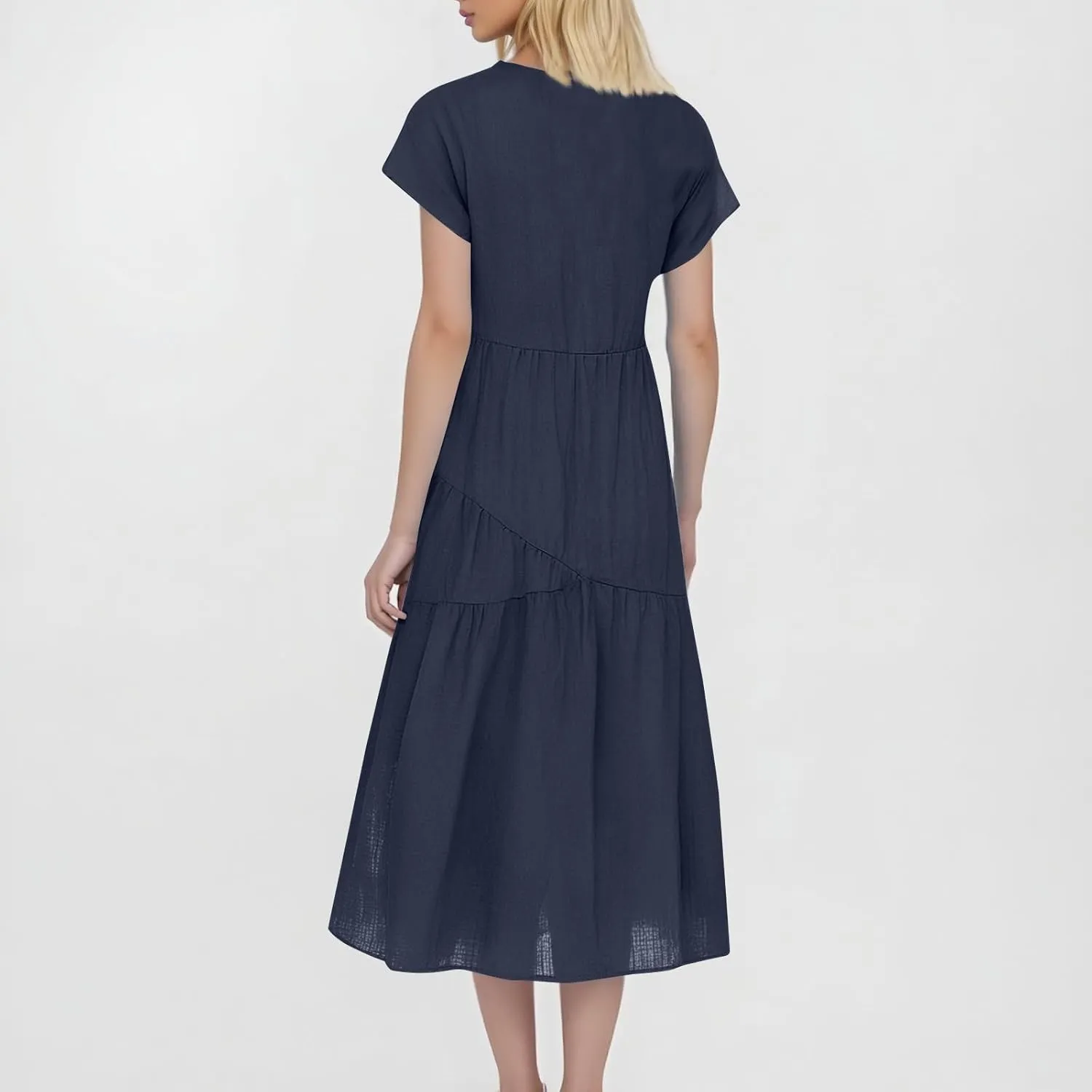 Cotton Linen Dresses for Women 2025 Summer Short Sleeve Midi Beach Dress A Line Flowy Dresses Shirt Dress with Pocket