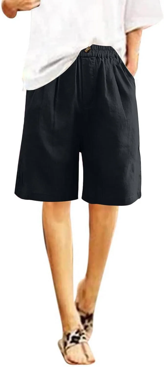 Cotton Linen Shorts for Women Loose Fit Knee Length Bermuda Shorts Casual Wide Leg Elastic Waist Workout Shorts