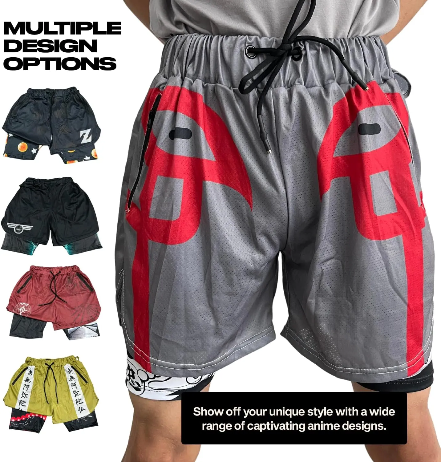 CROWN Anime Shorts - Breathable Mesh Stretch Compression Short with Pockets and Towel Holder