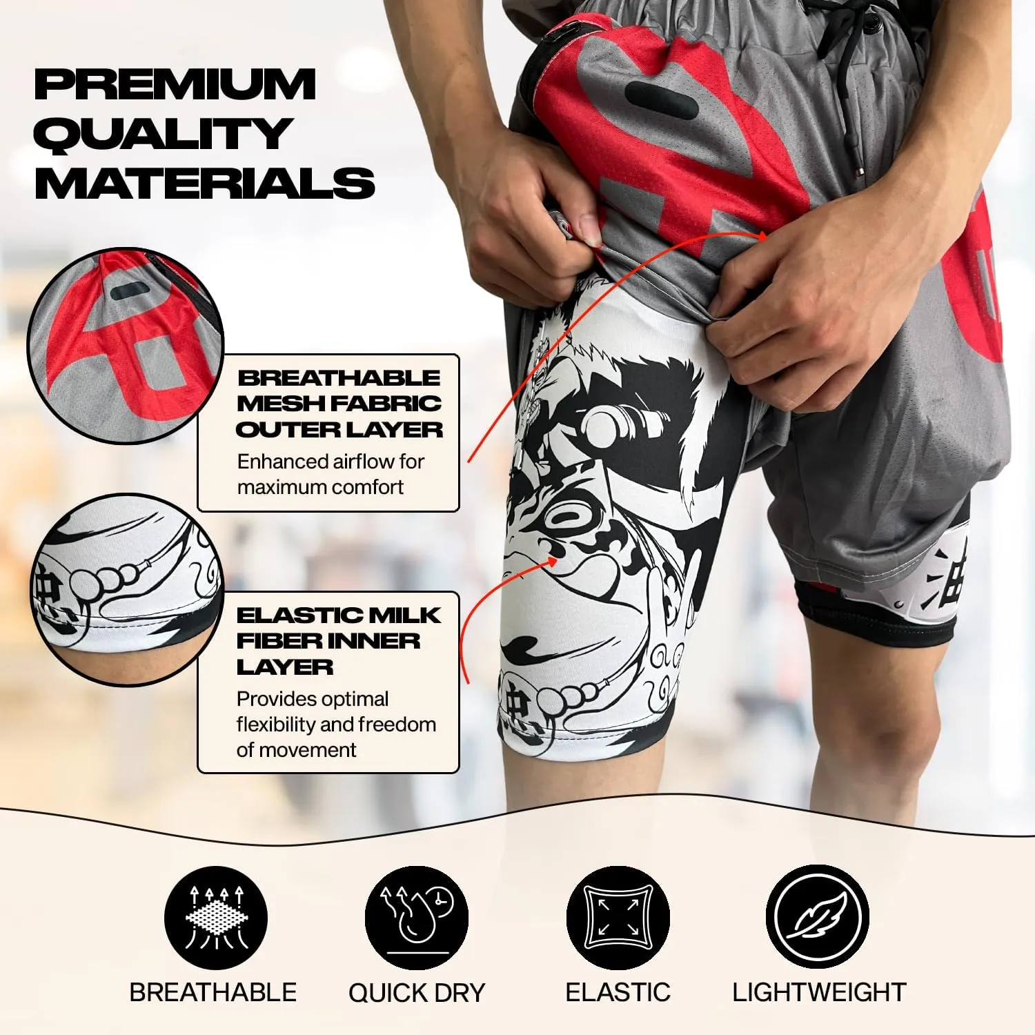 CROWN Anime Shorts - Breathable Mesh Stretch Compression Short with Pockets and Towel Holder