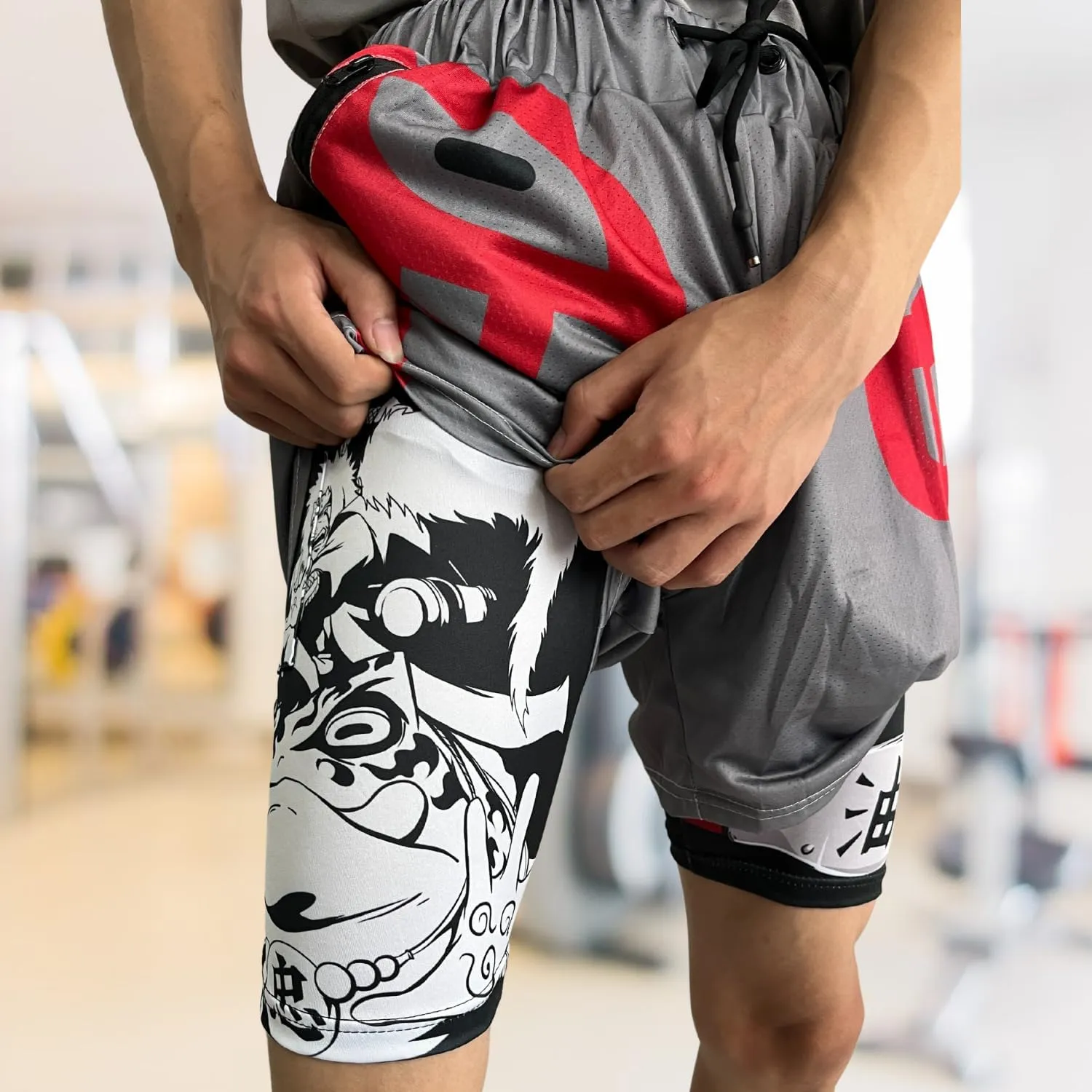 CROWN Anime Shorts - Breathable Mesh Stretch Compression Short with Pockets and Towel Holder