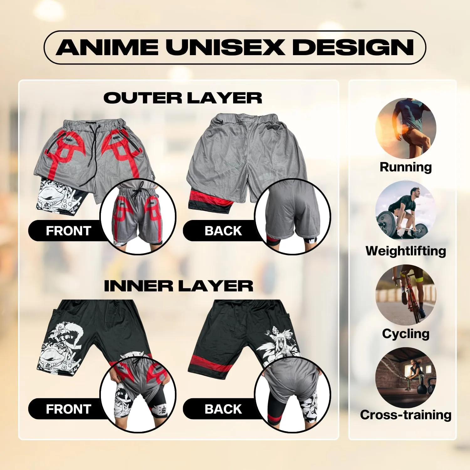 CROWN Anime Shorts - Breathable Mesh Stretch Compression Short with Pockets and Towel Holder