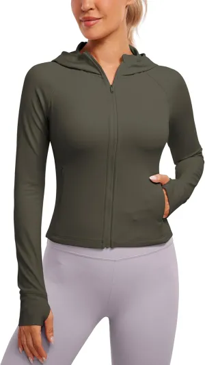 CRZ YOGA Womens Butterluxe Full Zip Workout Hoodie Jackets Slim Fit Hooded Athletic Yoga Lightweight Jacket with Thumb Holes