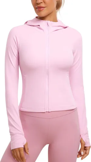 CRZ YOGA Womens Butterluxe Full Zip Workout Hoodie Jackets Slim Fit Hooded Athletic Yoga Lightweight Jacket with Thumb Holes