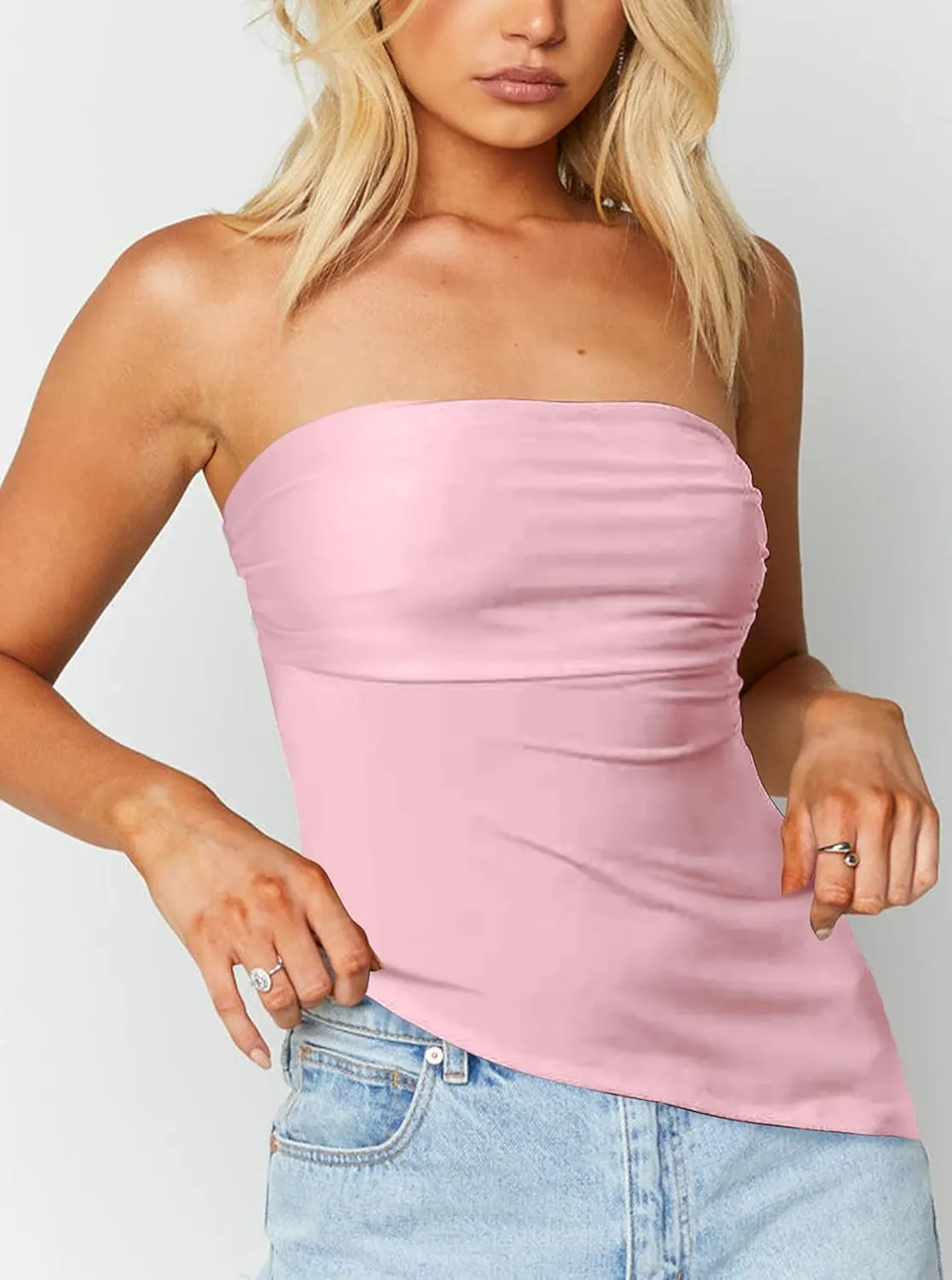 CSDAJIO Asymmetrical Tops for Women Ruched Side Long Tube Top Strapless Bandeau Top Summer Going Out Backless Shirt