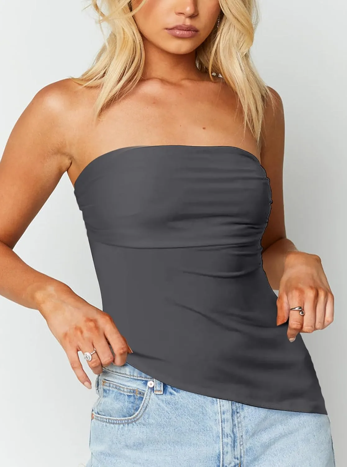 CSDAJIO Asymmetrical Tops for Women Ruched Side Long Tube Top Strapless Bandeau Top Summer Going Out Backless Shirt