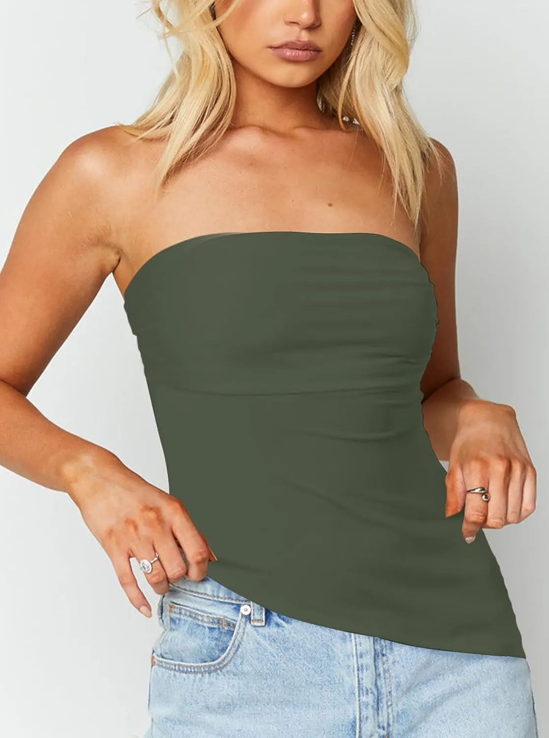 CSDAJIO Asymmetrical Tops for Women Ruched Side Long Tube Top Strapless Bandeau Top Summer Going Out Backless Shirt