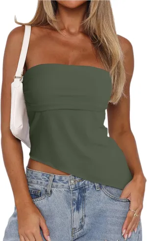 CSDAJIO Asymmetrical Tops for Women Ruched Side Long Tube Top Strapless Bandeau Top Summer Going Out Backless Shirt