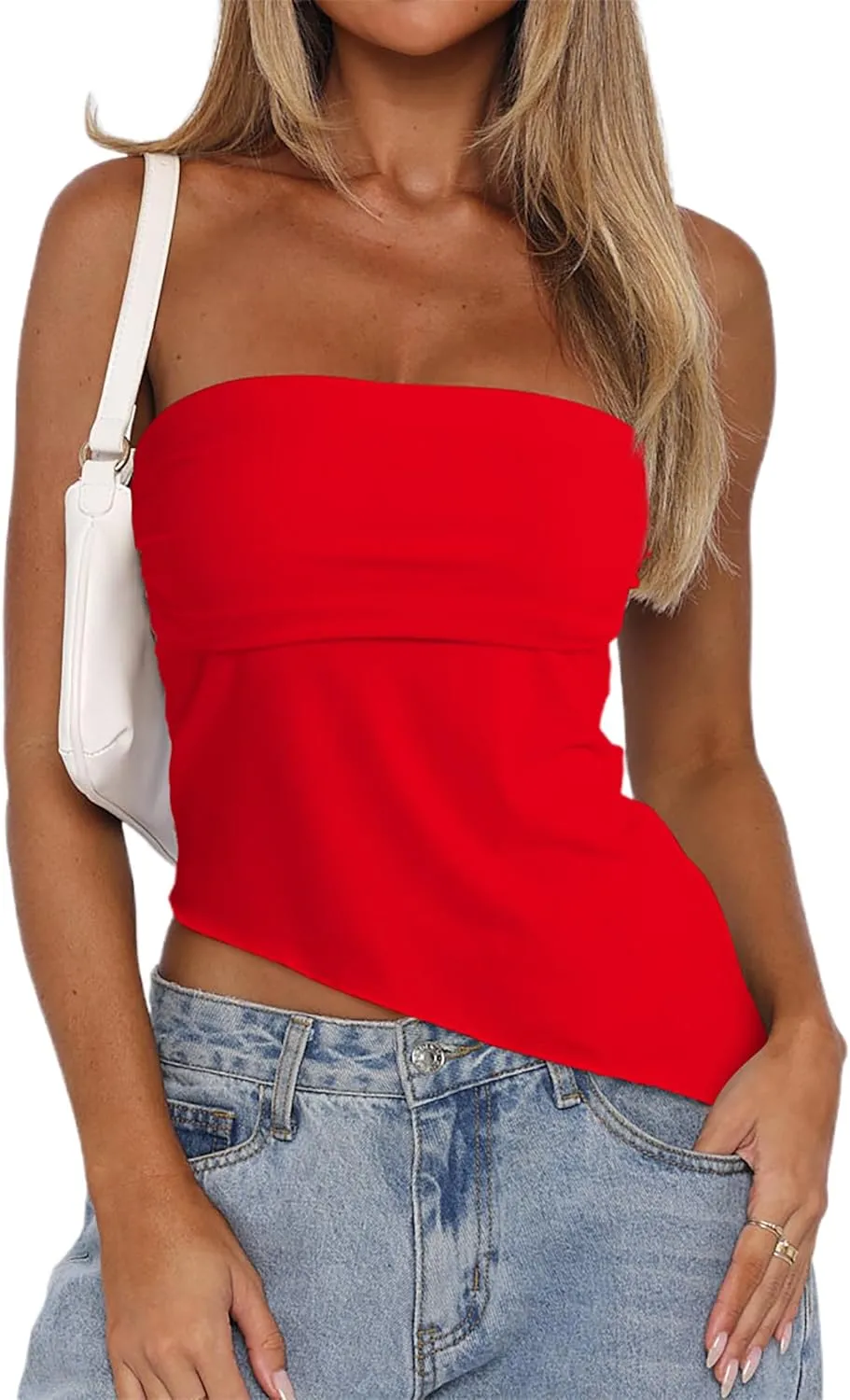 CSDAJIO Asymmetrical Tops for Women Ruched Side Long Tube Top Strapless Bandeau Top Summer Going Out Backless Shirt