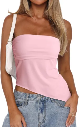 CSDAJIO Asymmetrical Tops for Women Ruched Side Long Tube Top Strapless Bandeau Top Summer Going Out Backless Shirt