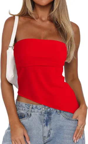 CSDAJIO Asymmetrical Tops for Women Ruched Side Long Tube Top Strapless Bandeau Top Summer Going Out Backless Shirt
