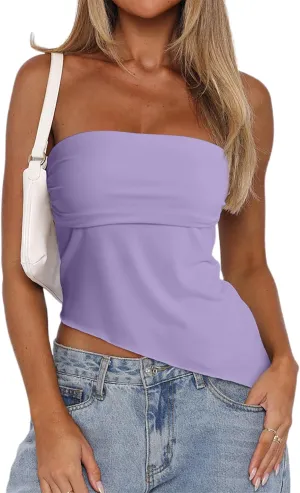 CSDAJIO Asymmetrical Tops for Women Ruched Side Long Tube Top Strapless Bandeau Top Summer Going Out Backless Shirt