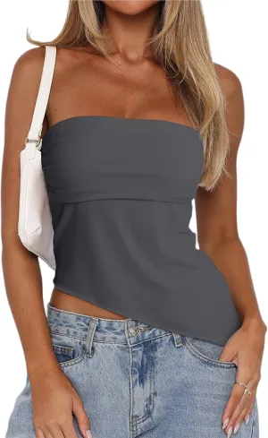 CSDAJIO Asymmetrical Tops for Women Ruched Side Long Tube Top Strapless Bandeau Top Summer Going Out Backless Shirt