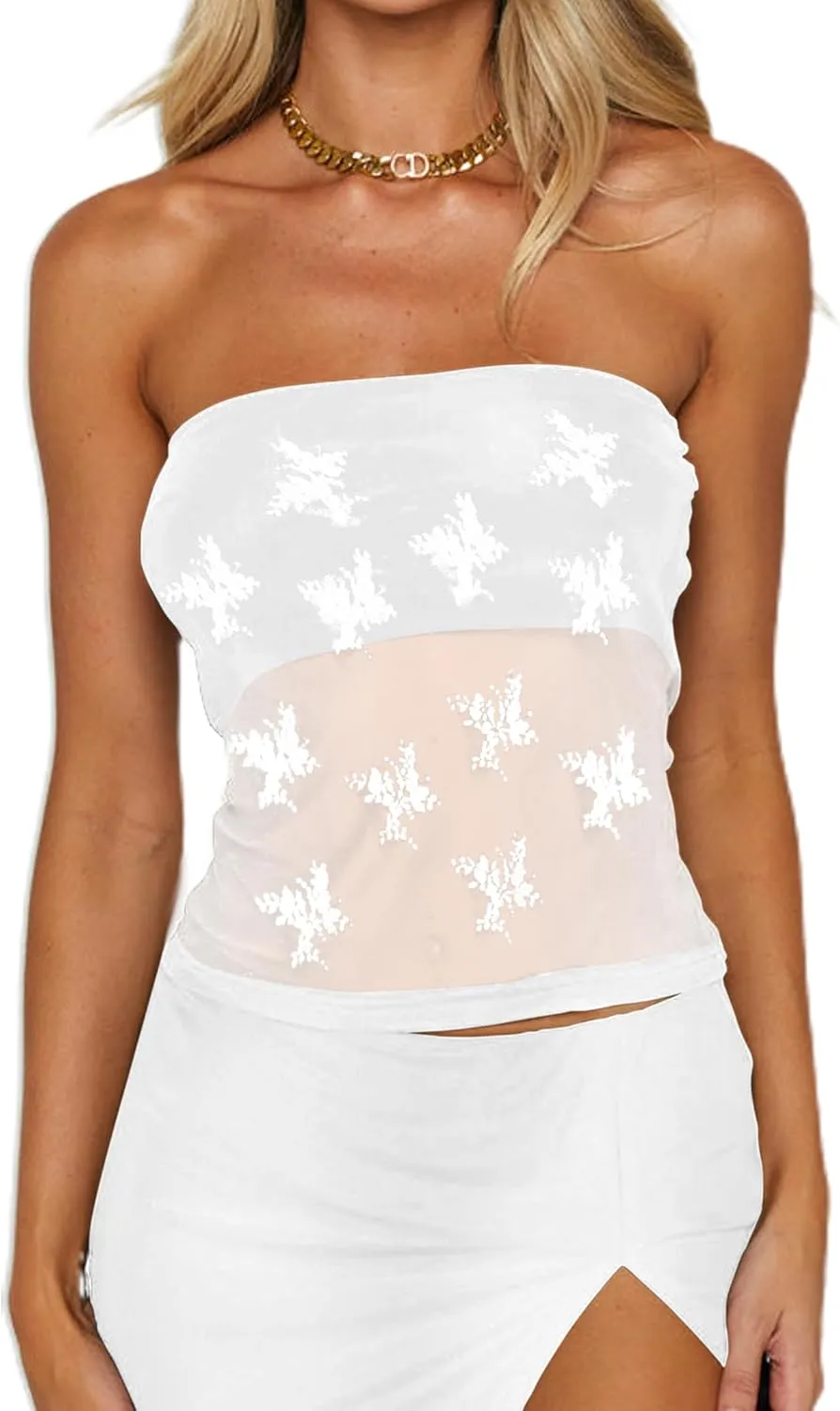 CSDAJIO Women's Sexy Sheer Mesh Tube Top Strapless Bandeau Tops See Through Going Out Crop Top