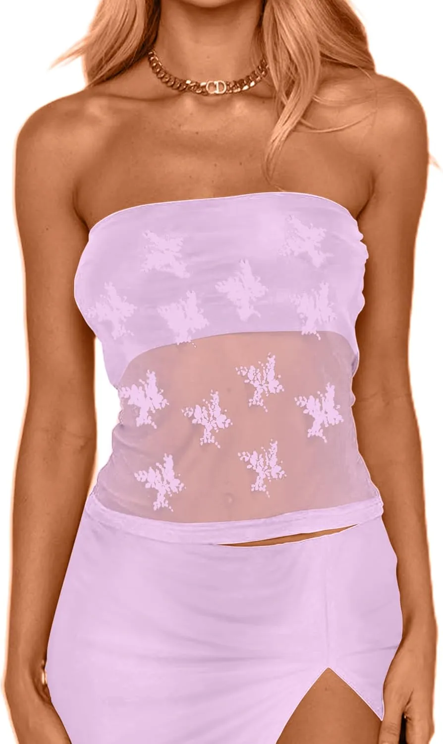 CSDAJIO Women's Sexy Sheer Mesh Tube Top Strapless Bandeau Tops See Through Going Out Crop Top