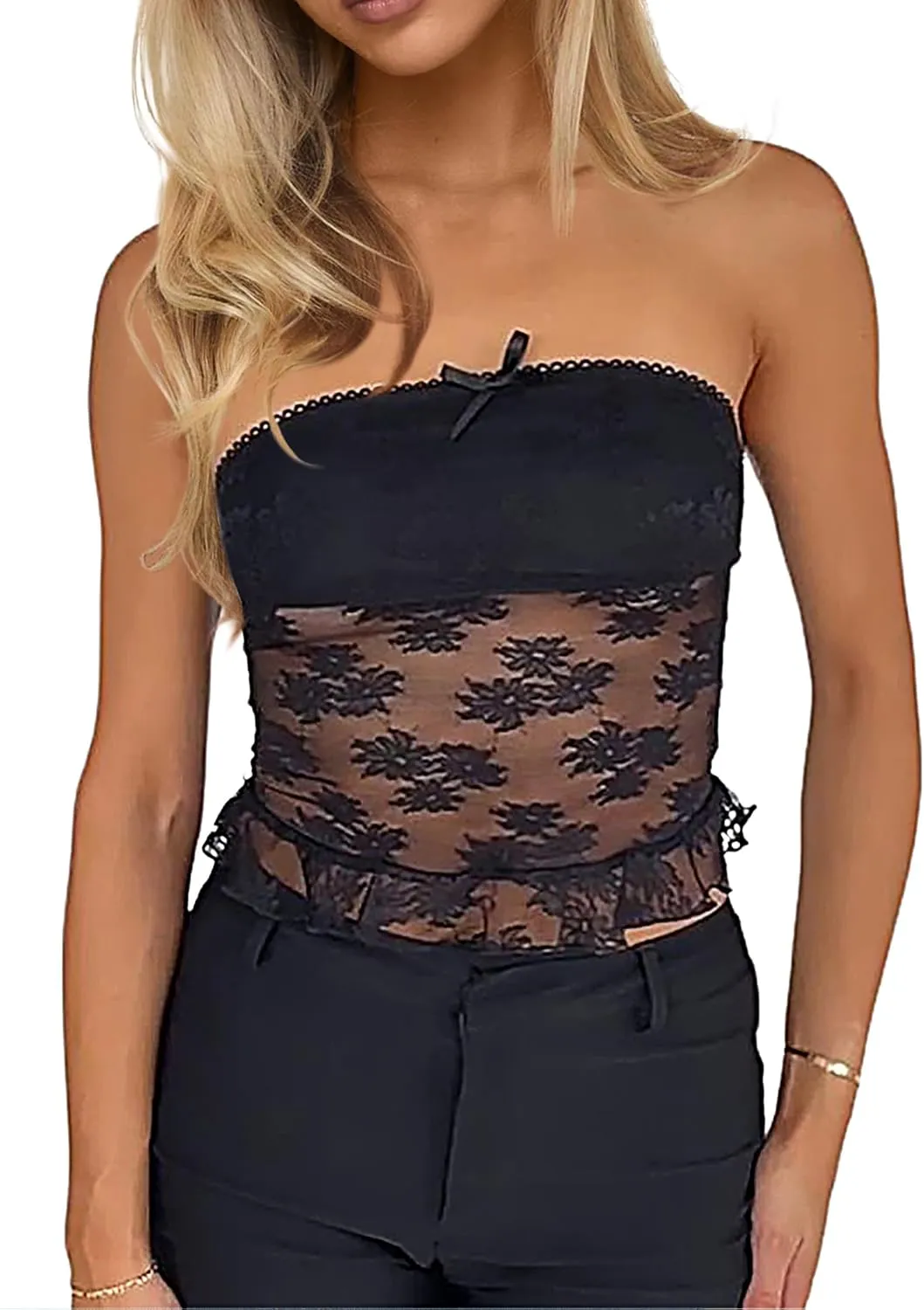 CSDAJIO Women's Sexy Sheer Mesh Tube Top Strapless Bandeau Tops See Through Going Out Crop Top