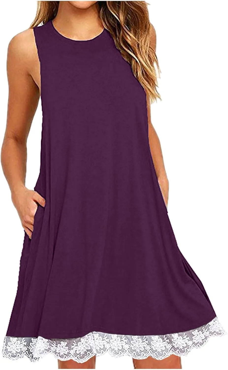 Cute Dresses for Women 2025 Summer Lace Hem Sleeveless Crew Neck Mini Dress Casual Short Beach Sundress with Pockets