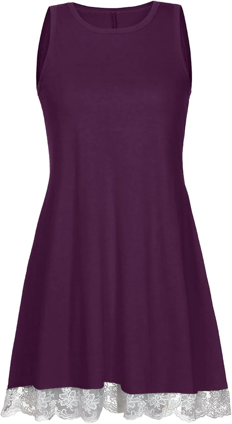 Cute Dresses for Women 2025 Summer Lace Hem Sleeveless Crew Neck Mini Dress Casual Short Beach Sundress with Pockets