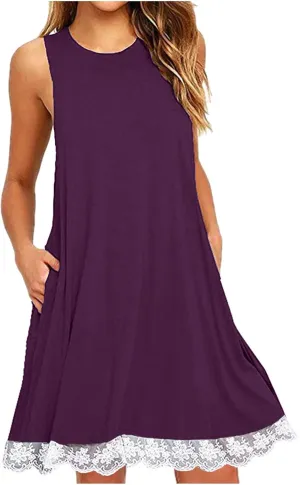 Cute Dresses for Women 2025 Summer Lace Hem Sleeveless Crew Neck Mini Dress Casual Short Beach Sundress with Pockets