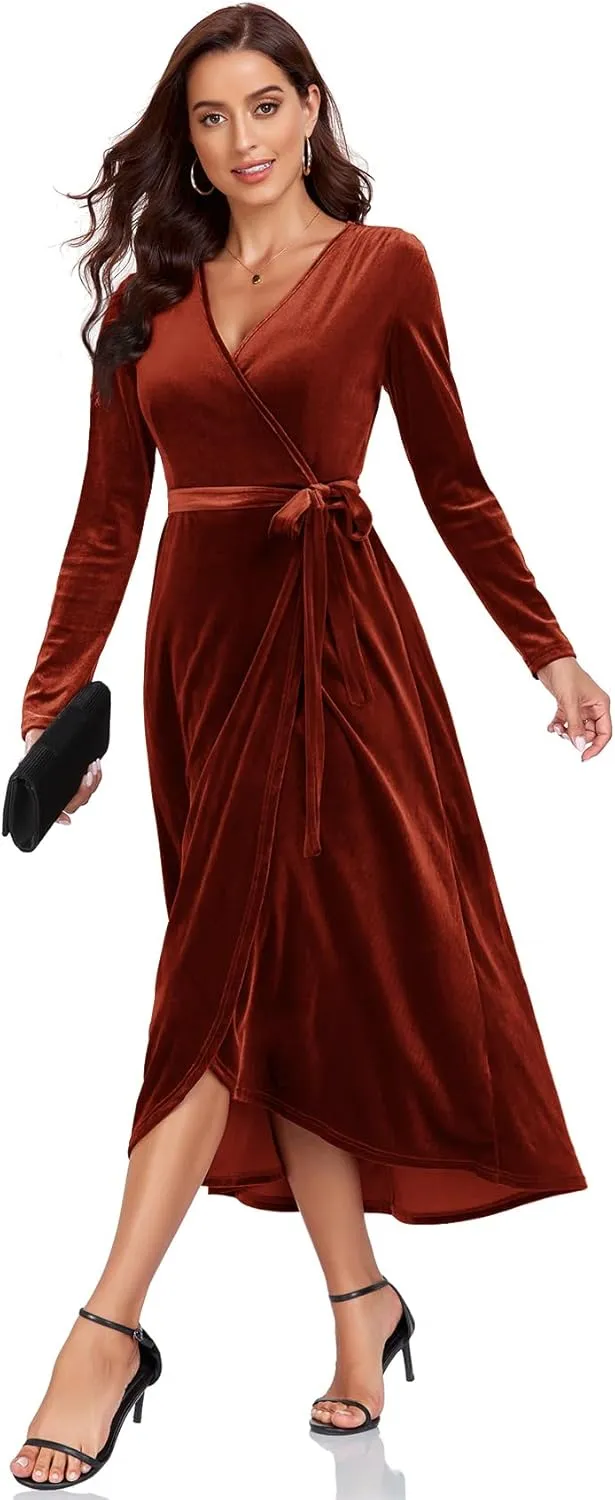 CYCLAMEN 2023 Velvet Wrap Dress V Neck Ruffle Sleeves Long Maxi Elegant Party Wedding Guest Cocktail Dress
