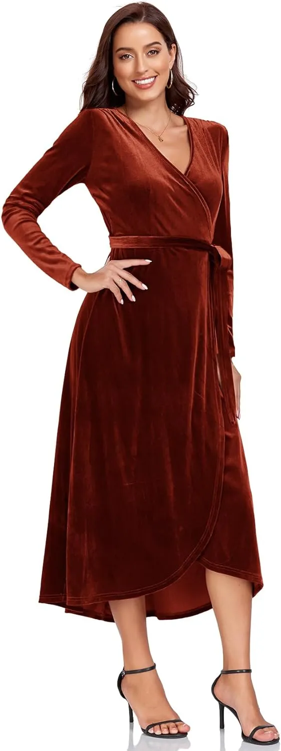 CYCLAMEN 2023 Velvet Wrap Dress V Neck Ruffle Sleeves Long Maxi Elegant Party Wedding Guest Cocktail Dress