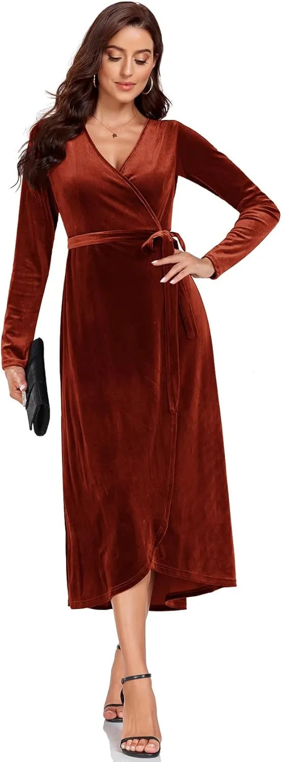 CYCLAMEN 2023 Velvet Wrap Dress V Neck Ruffle Sleeves Long Maxi Elegant Party Wedding Guest Cocktail Dress