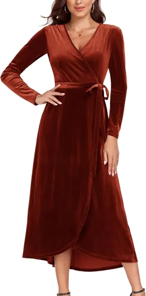 CYCLAMEN 2023 Velvet Wrap Dress V Neck Ruffle Sleeves Long Maxi Elegant Party Wedding Guest Cocktail Dress