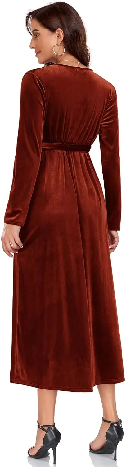 CYCLAMEN 2023 Velvet Wrap Dress V Neck Ruffle Sleeves Long Maxi Elegant Party Wedding Guest Cocktail Dress