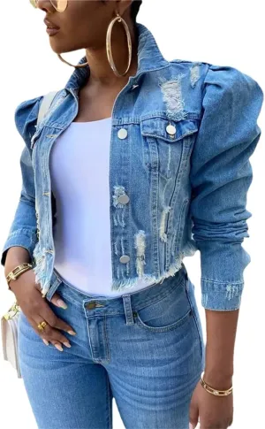Dcvmvmn Women's Ripped Denim Jacket Casual Long Sleeve Puff Sleeve Button Short Autumn Denim Jacket