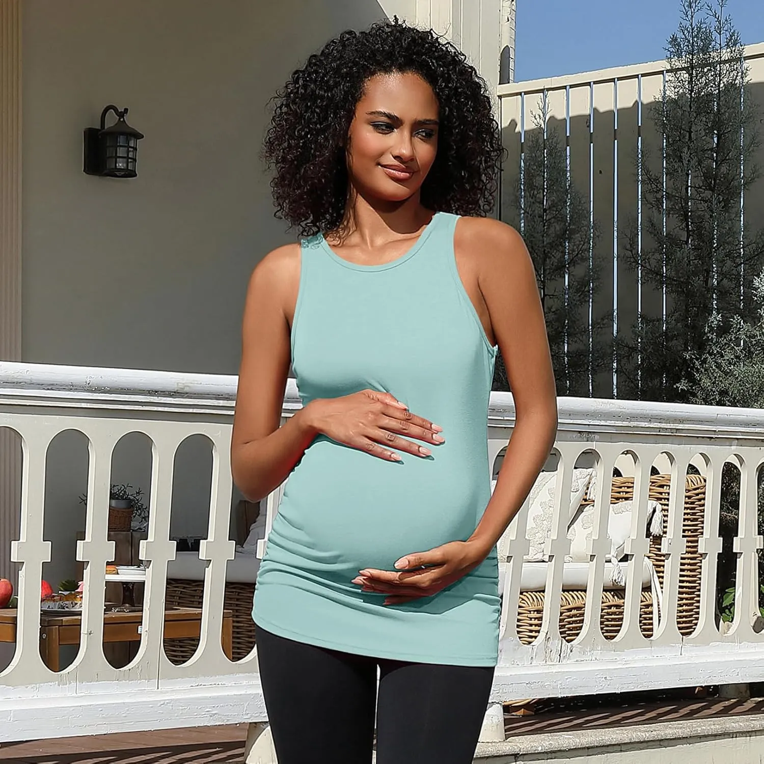 DEBELLY Maternity Tank Tops Women's Sleeveless Ribbed T-Shirts Round Neck Side Ruched Pregnancy Cami Basic Mama Summer Vests