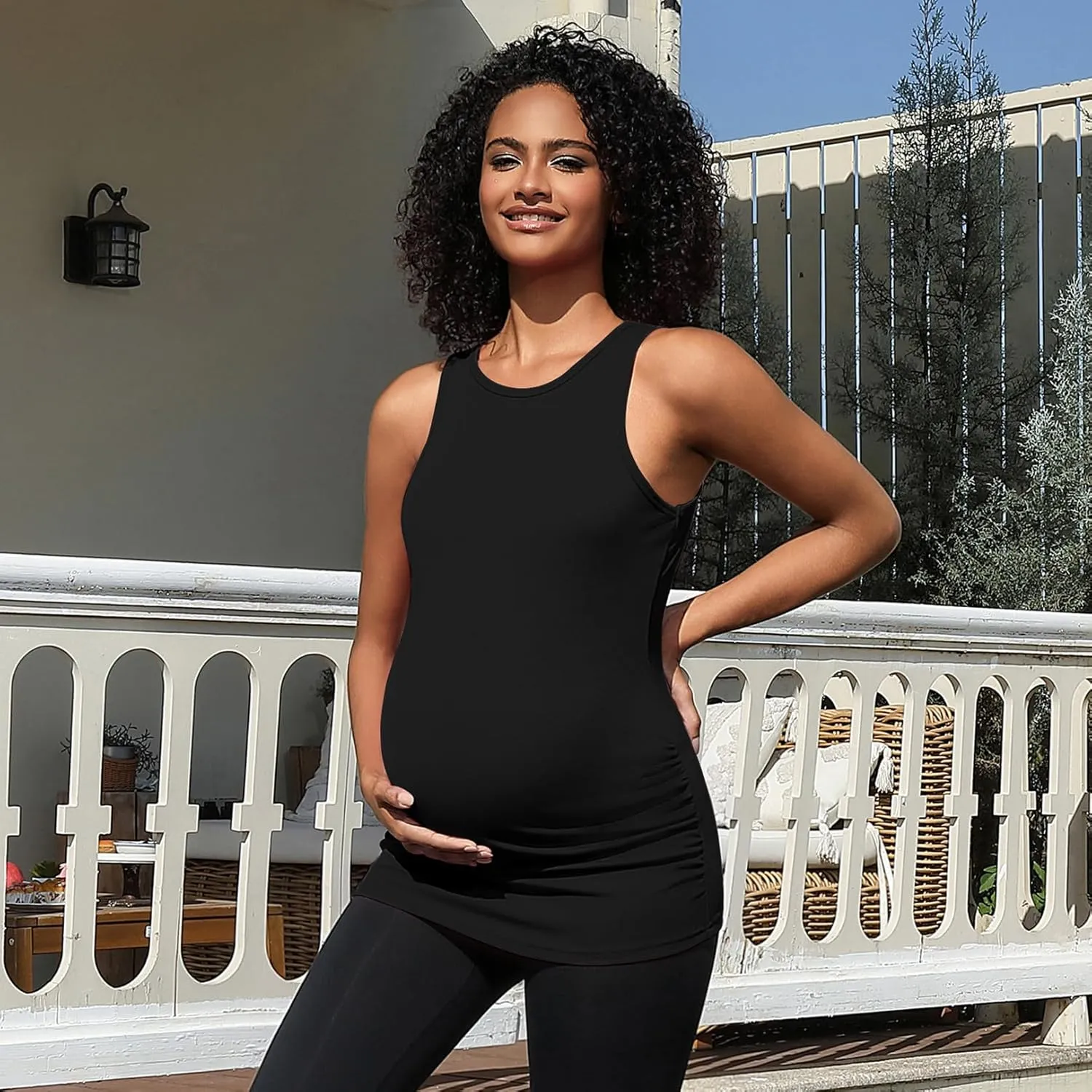 DEBELLY Maternity Tank Tops Women's Sleeveless Ribbed T-Shirts Round Neck Side Ruched Pregnancy Cami Basic Mama Summer Vests