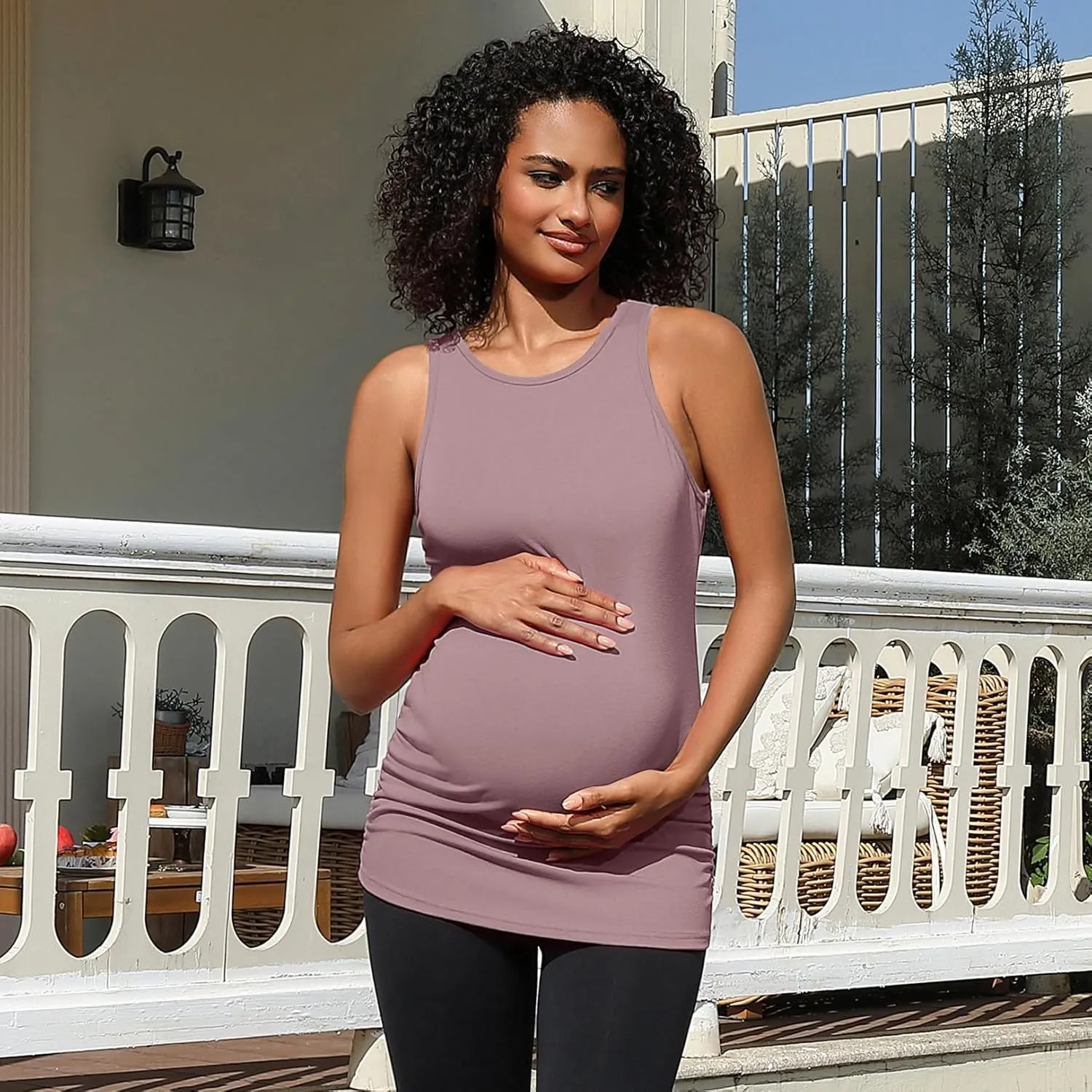 DEBELLY Maternity Tank Tops Women's Sleeveless Ribbed T-Shirts Round Neck Side Ruched Pregnancy Cami Basic Mama Summer Vests