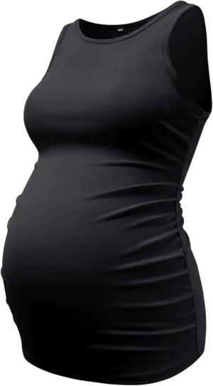 DEBELLY Maternity Tank Tops Women's Sleeveless Ribbed T-Shirts Round Neck Side Ruched Pregnancy Cami Basic Mama Summer Vests