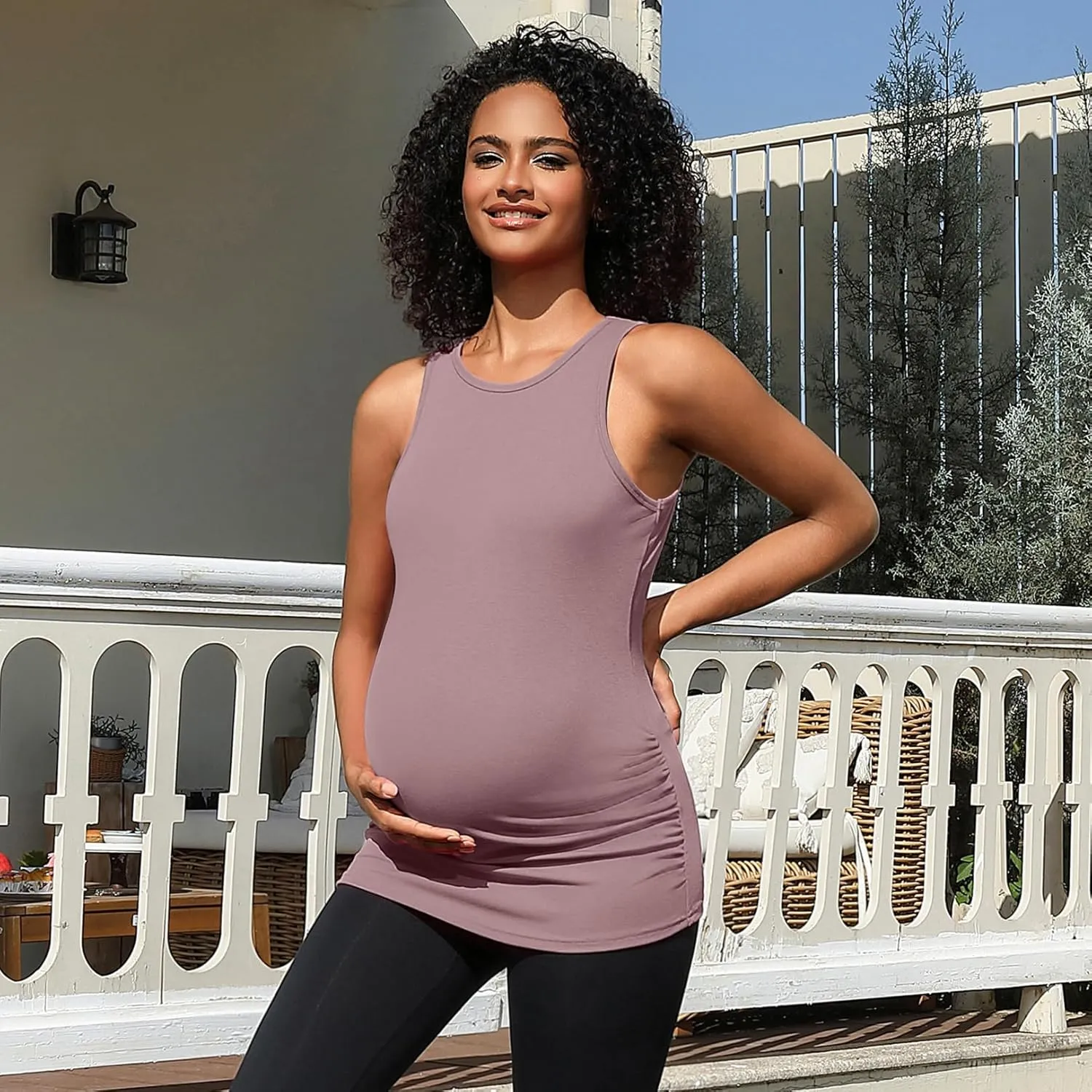 DEBELLY Maternity Tank Tops Women's Sleeveless Ribbed T-Shirts Round Neck Side Ruched Pregnancy Cami Basic Mama Summer Vests