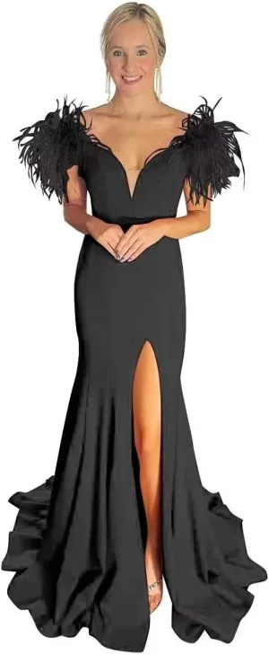 Deep V-Neck Prom Dresses for Women 2023 Mermaid Formal Dress Off Shoulder Feather Evening Gown Chiffon Split Long Train