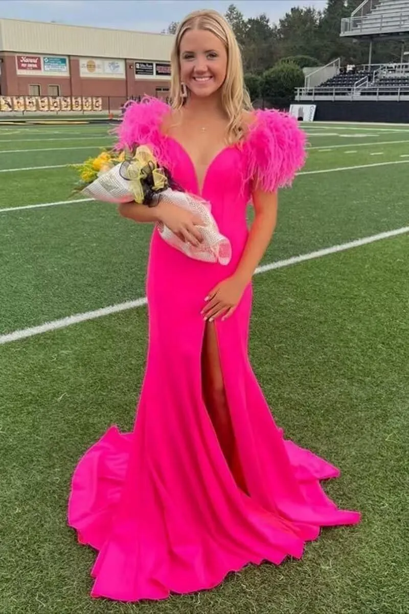 Deep V-Neck Prom Dresses for Women 2023 Mermaid Formal Dress Off Shoulder Feather Evening Gown Chiffon Split Long Train