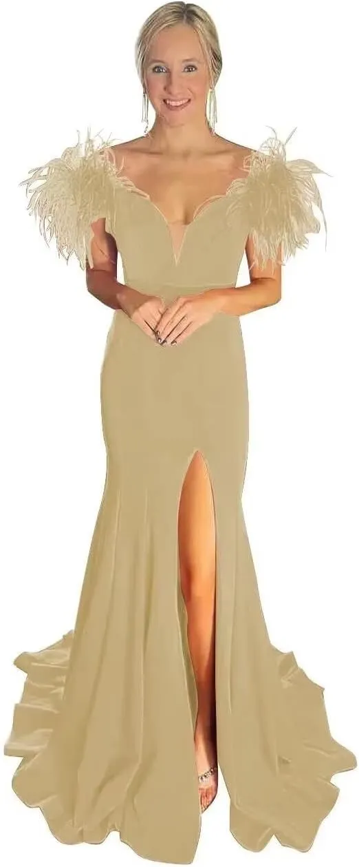 Deep V-Neck Prom Dresses for Women 2023 Mermaid Formal Dress Off Shoulder Feather Evening Gown Chiffon Split Long Train