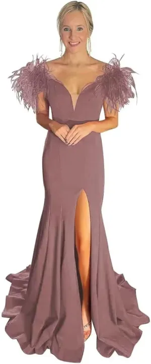 Deep V-Neck Prom Dresses for Women 2023 Mermaid Formal Dress Off Shoulder Feather Evening Gown Chiffon Split Long Train