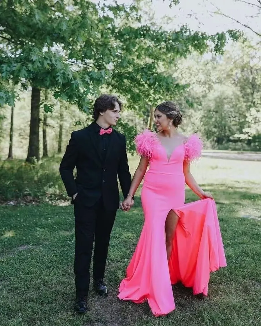 Deep V-Neck Prom Dresses for Women 2023 Mermaid Formal Dress Off Shoulder Feather Evening Gown Chiffon Split Long Train