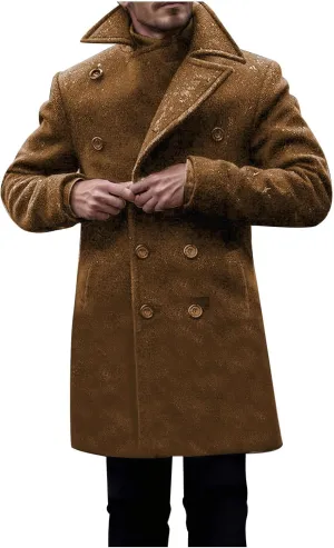 Dgoopd Men's Double Breasted Trench Coat Wool Blend Long Coat Notch Lapel Jacket Casual Pea Coat Windproof Jacket