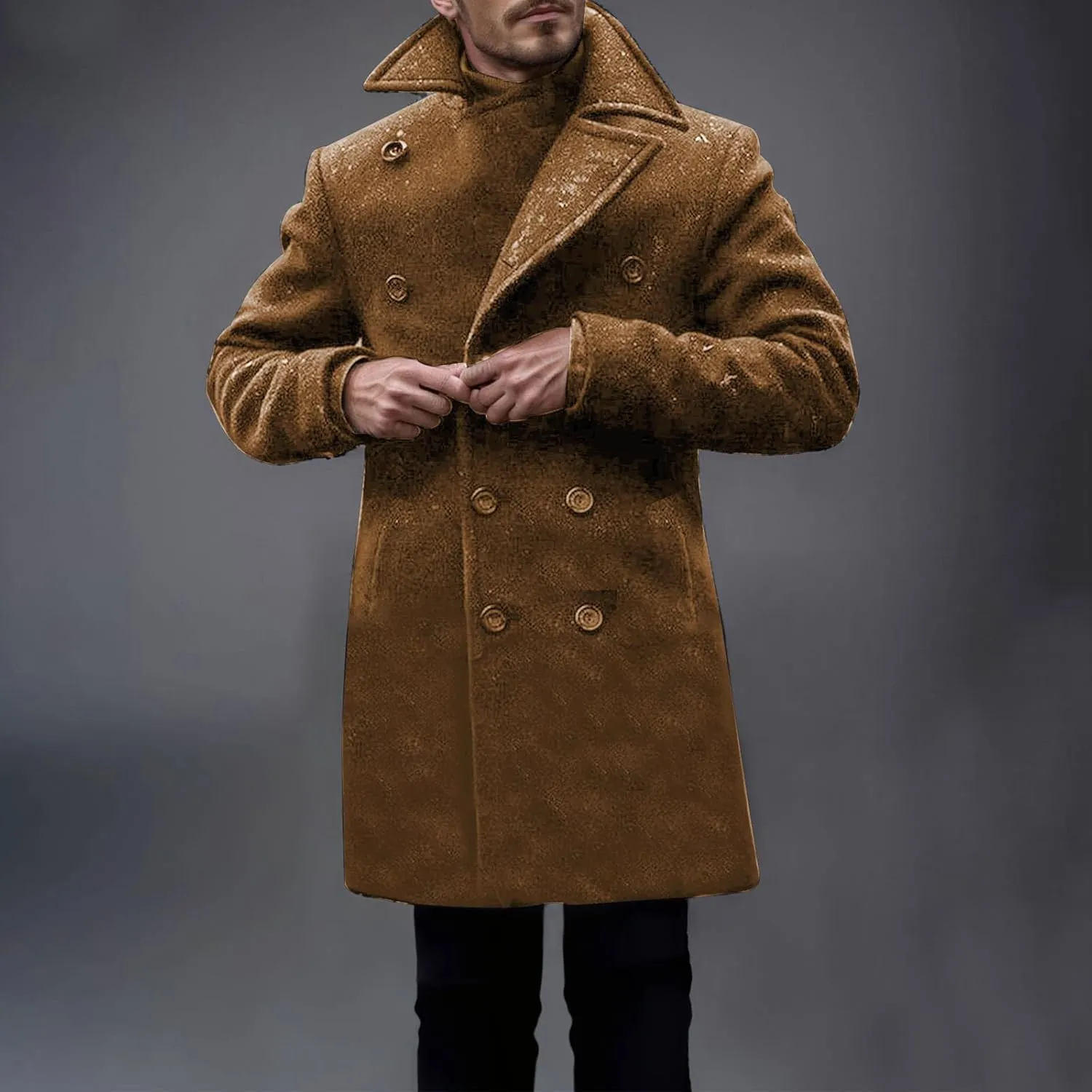 Dgoopd Men's Double Breasted Trench Coat Wool Blend Long Coat Notch Lapel Jacket Casual Pea Coat Windproof Jacket