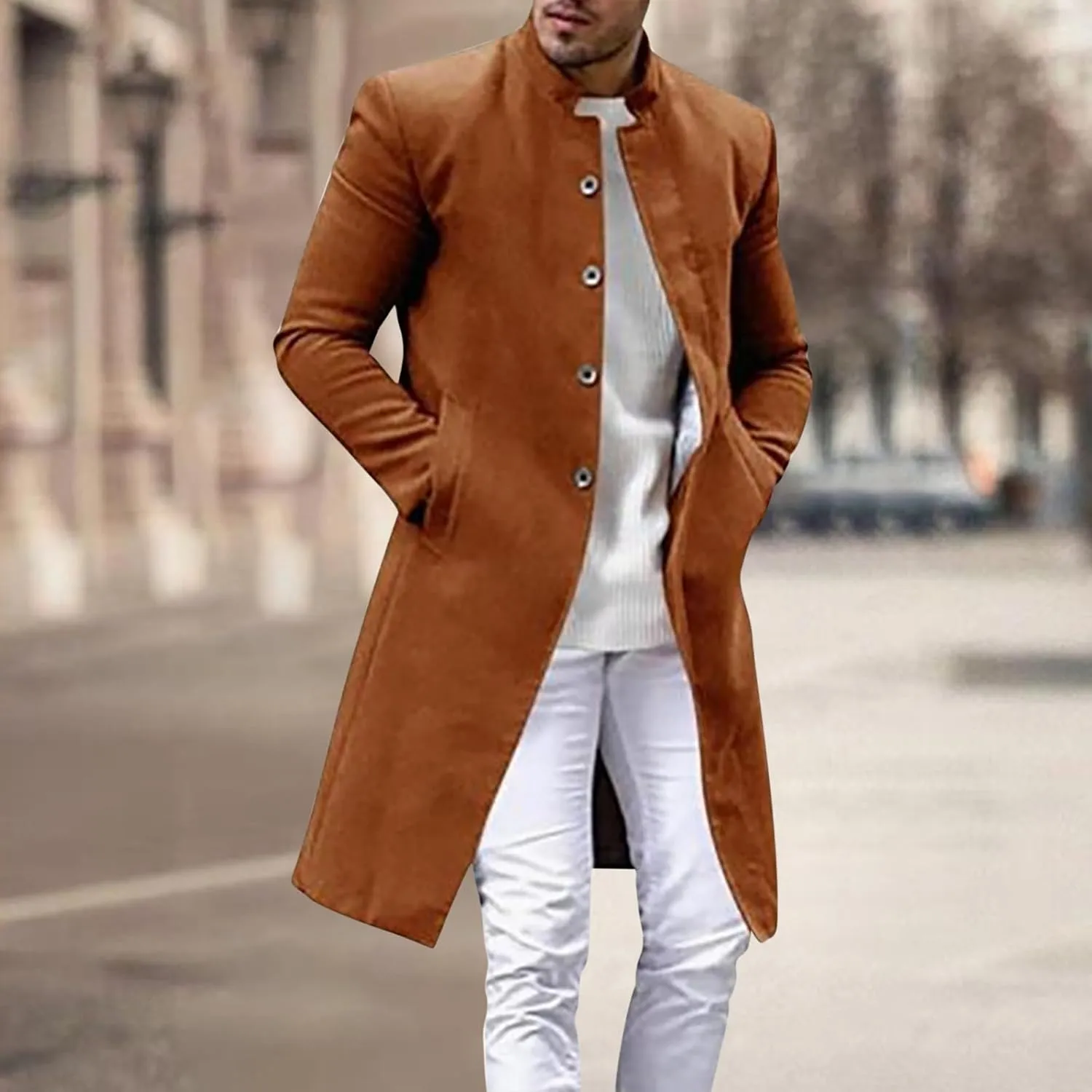 Dgoopd Mens Trench Coat Wool Blend Coat Open Front Cardigan Notch Lapel Jacket Business Casual Coat Long Pea Coat