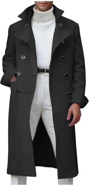 Dgoopd Trench Coat Men Stand Collar Wool Coat Double Breasted Pea Coat Notch Lapel Overcoat Long Winter Coat Casual Jacket