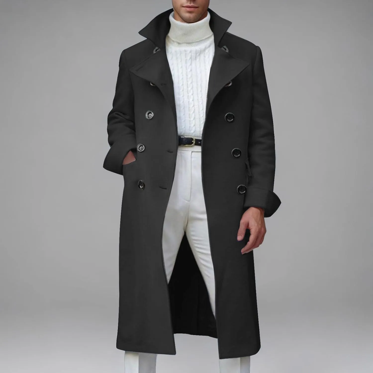 Dgoopd Trench Coat Men Stand Collar Wool Coat Double Breasted Pea Coat Notch Lapel Overcoat Long Winter Coat Casual Jacket