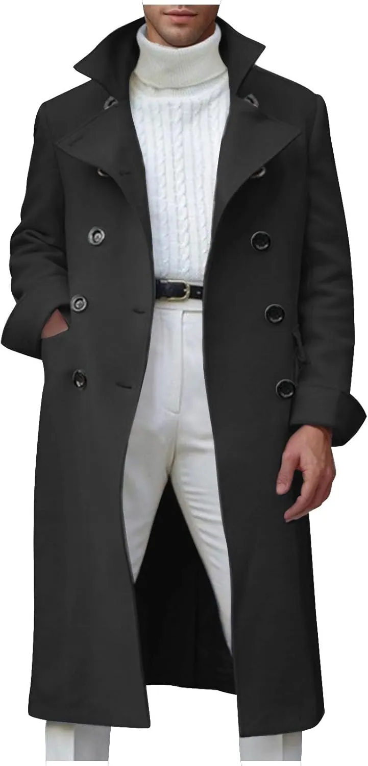 Dgoopd Trench Coat Men Stand Collar Wool Coat Double Breasted Pea Coat Notch Lapel Overcoat Long Winter Coat Casual Jacket