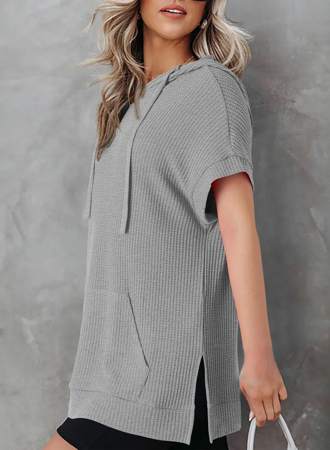 Dokotoo Womens Summer Oversized Shirts 2025 Short Sleeve Drawstring Hoodies Waffle Knit Side Slit Tunic Tops with Pocket