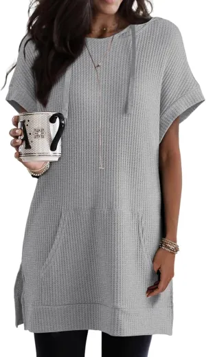 Dokotoo Womens Summer Oversized Shirts 2025 Short Sleeve Drawstring Hoodies Waffle Knit Side Slit Tunic Tops with Pocket